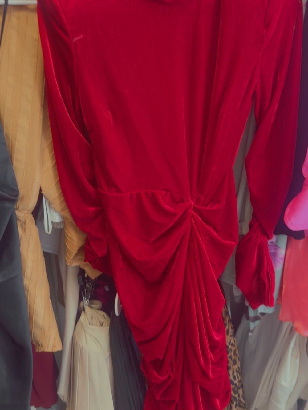 PrettyLittleThing Red Ruched Velvet Long Sleeve Dress